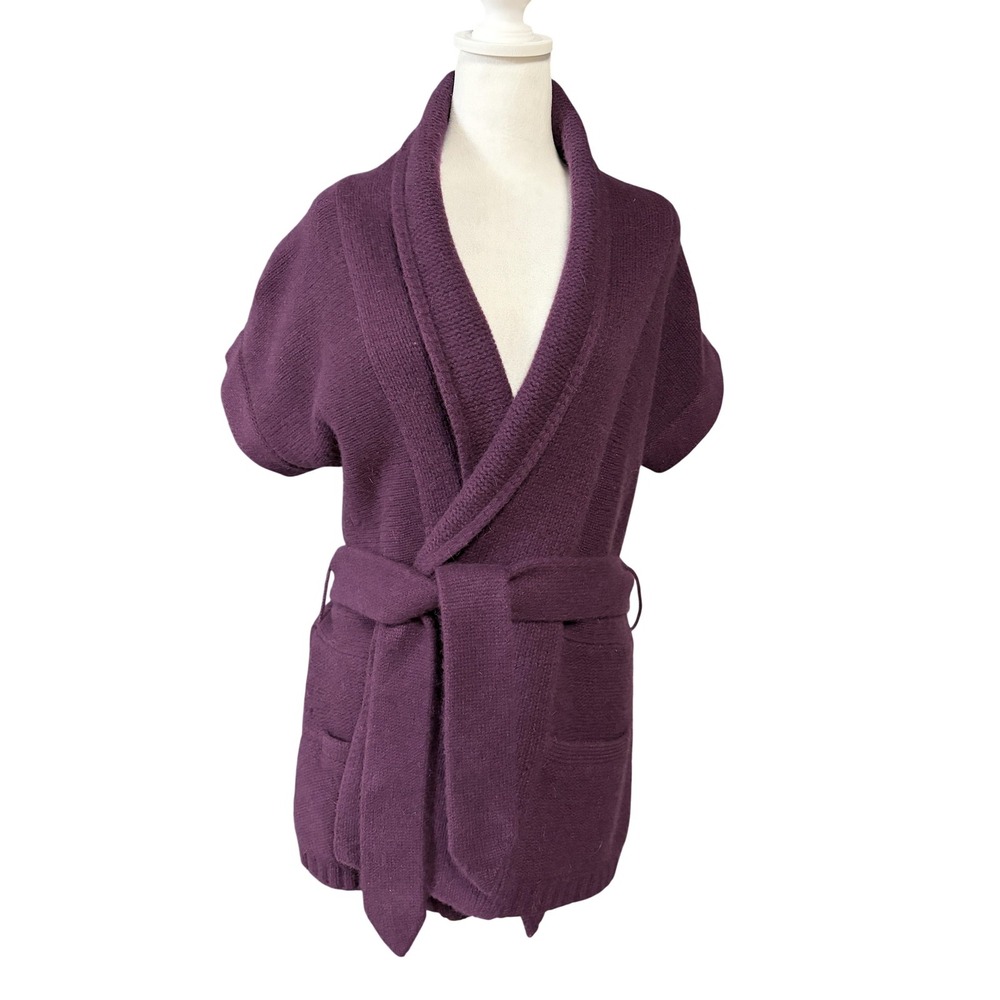 Jasper Conran Cardigan Sweater Womens 12 Purple Lambswool Angora Belted Pockets